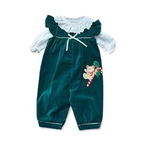 Vintage 80s Green and White Kids Christmas Candy Cane Bear Romper Blouse